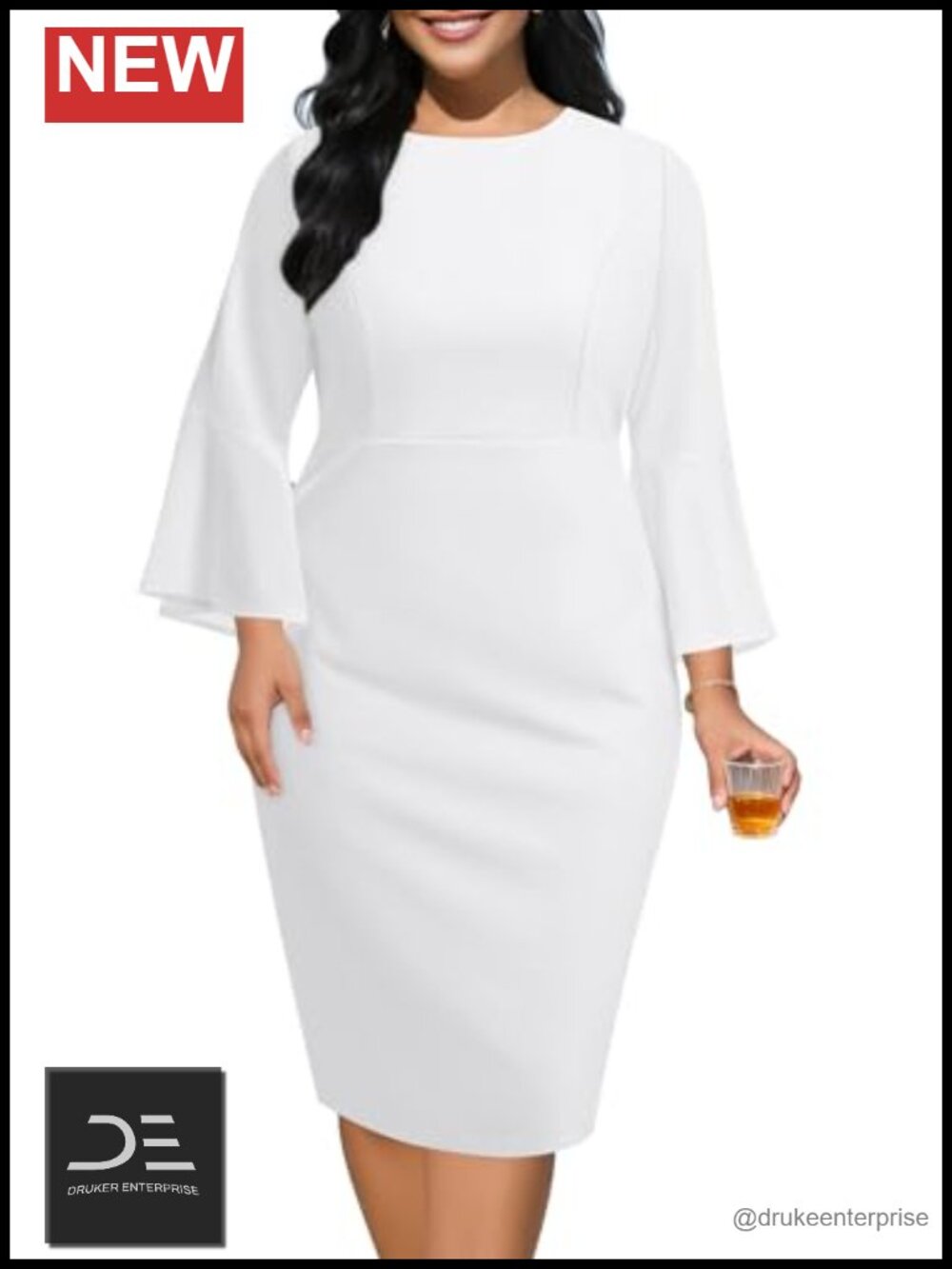 Plus Size Bodycon Midi Pencil Dress Long Bell Sleeve Work Semi Formal